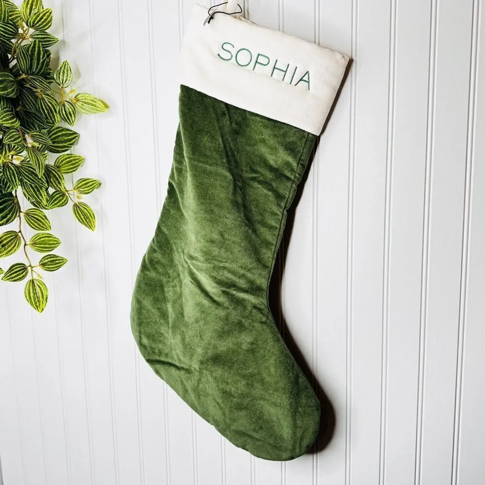 West Elm SOPHIA Oversized Christmas Stocking Green White Velvet Mono NWOT